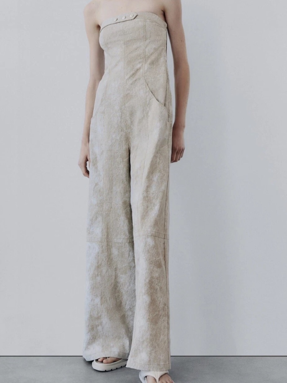 Zara Beige Printed Linen Blend Wide Leg Jumpsuit size small